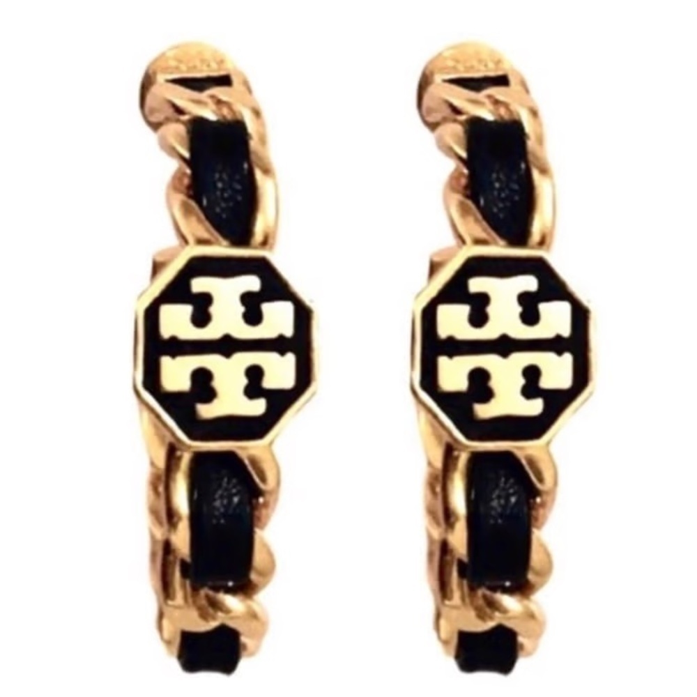 Tory Burch black and gold Marion woven hoops earrings - Picture 4 of 5